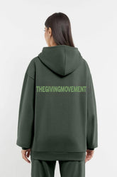 Oversized Tonal Back Print Hoodie - Charcoal Green